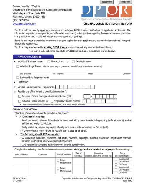 Form A406-01CCR-VS3 Criminal Conviction Reporting Form - Virginia