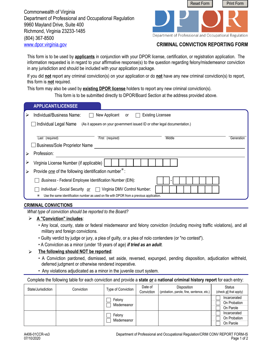Form A406-01CCR-VS3 Criminal Conviction Reporting Form - Virginia, Page 1