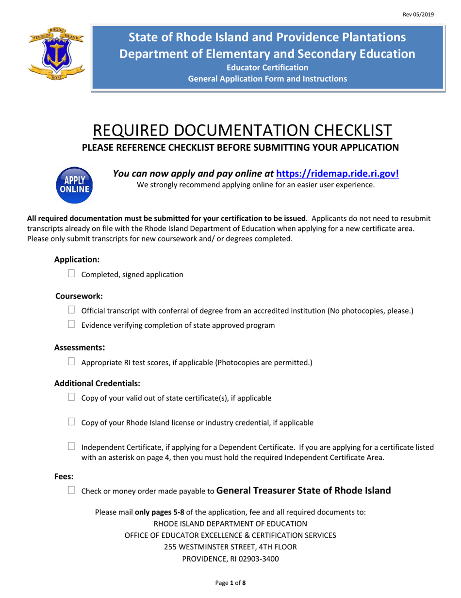 Rhode Island Educator Certification - General Application Form - Rhode Island, Page 1