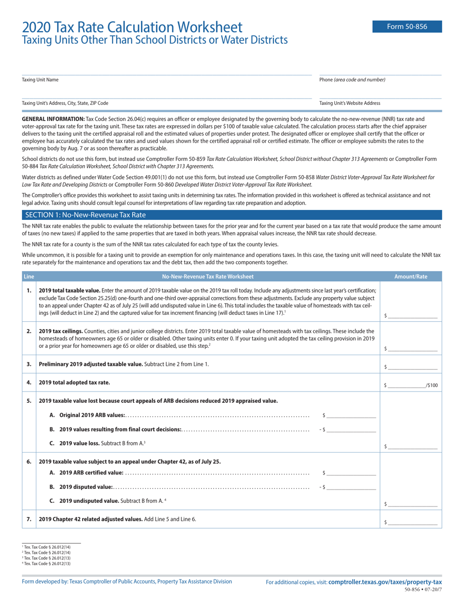 Form 50-856 Tax Rate Calculation Worksheet - Taxing Units Other Than School Districts or Water Districts - Texas, Page 1
