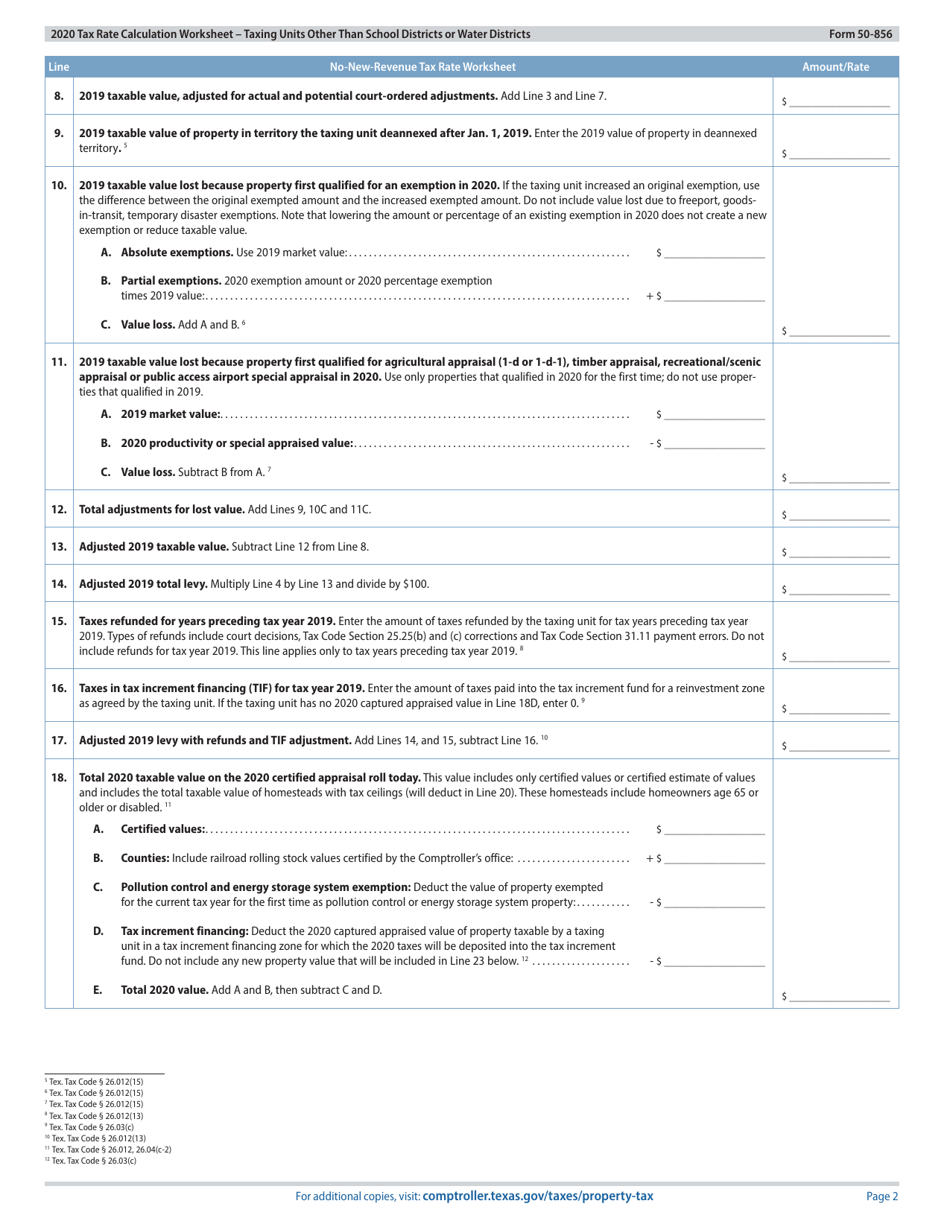 Form 50-856 Tax Rate Calculation Worksheet - Taxing Units Other Than School Districts or Water Districts - Texas, Page 2