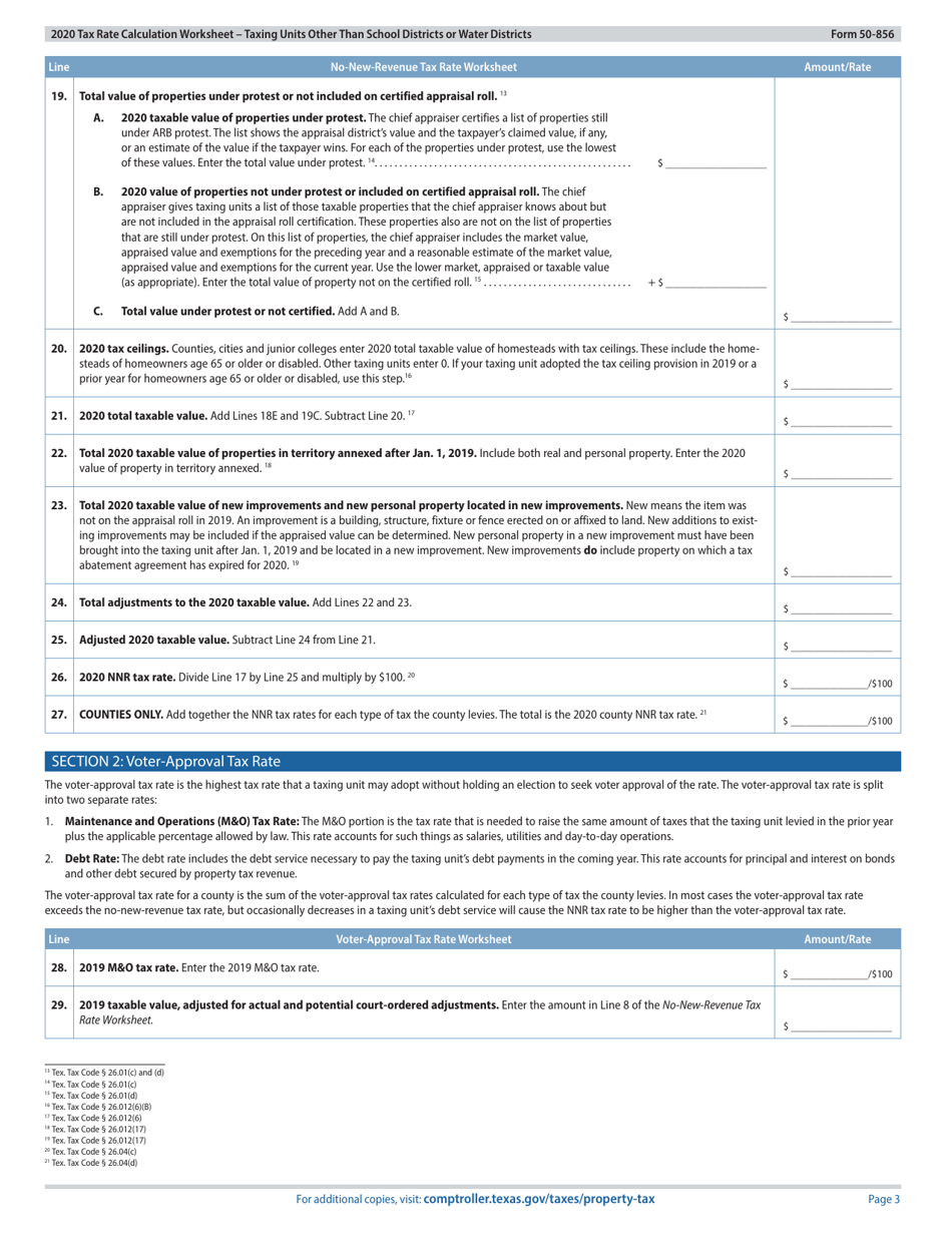 Form 50-856 Tax Rate Calculation Worksheet - Taxing Units Other Than School Districts or Water Districts - Texas, Page 3
