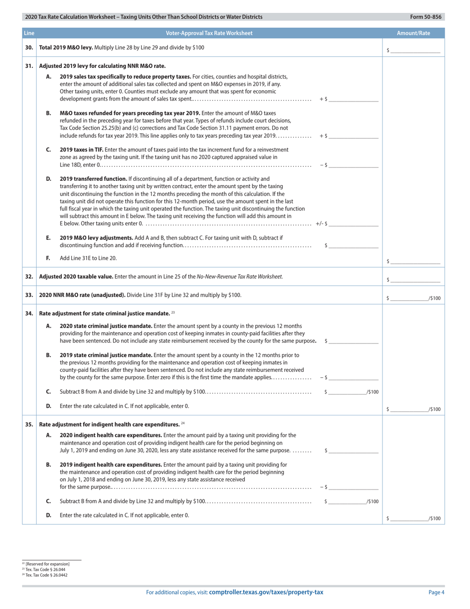 Form 50-856 Tax Rate Calculation Worksheet - Taxing Units Other Than School Districts or Water Districts - Texas, Page 4