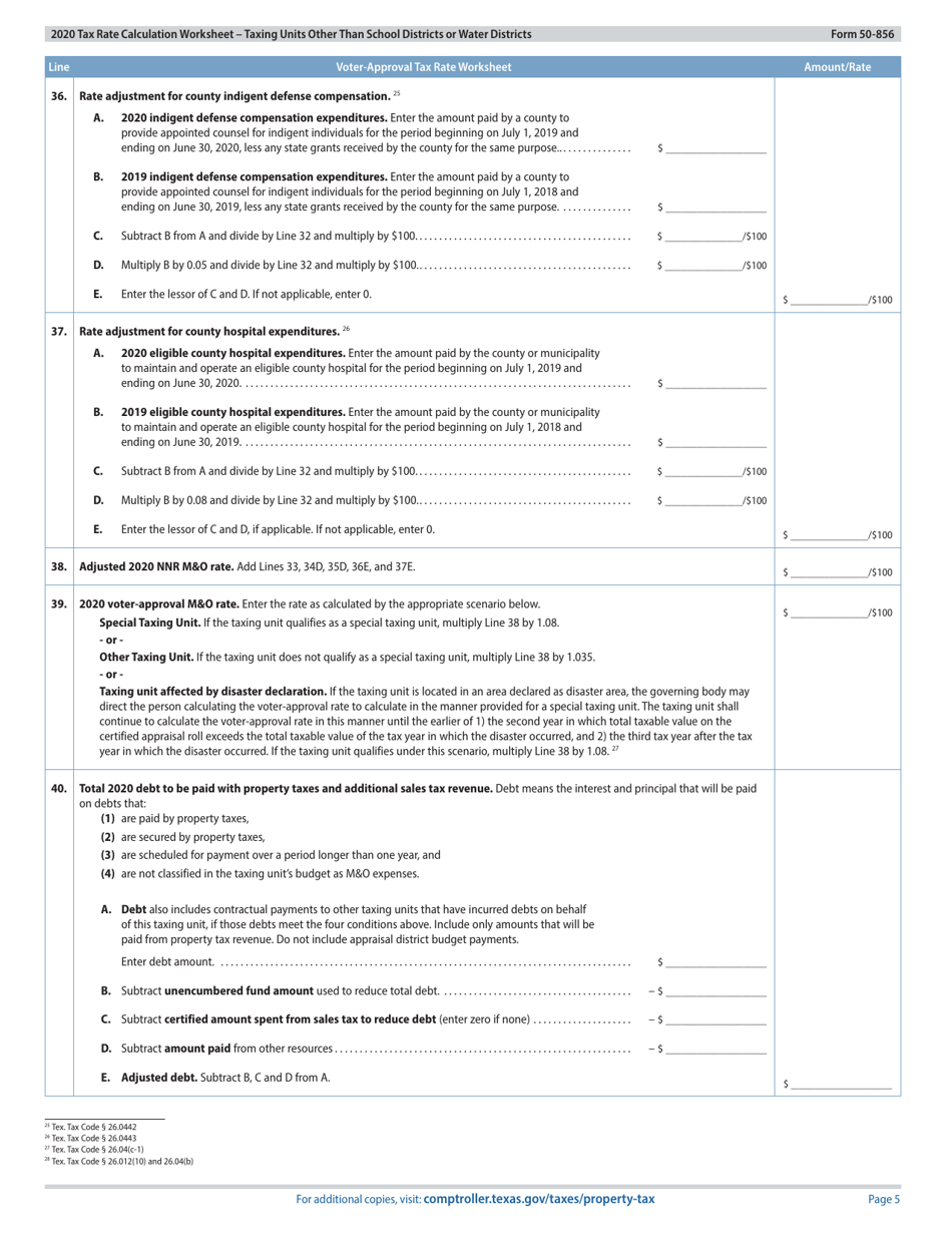 Form 50-856 Tax Rate Calculation Worksheet - Taxing Units Other Than School Districts or Water Districts - Texas, Page 5