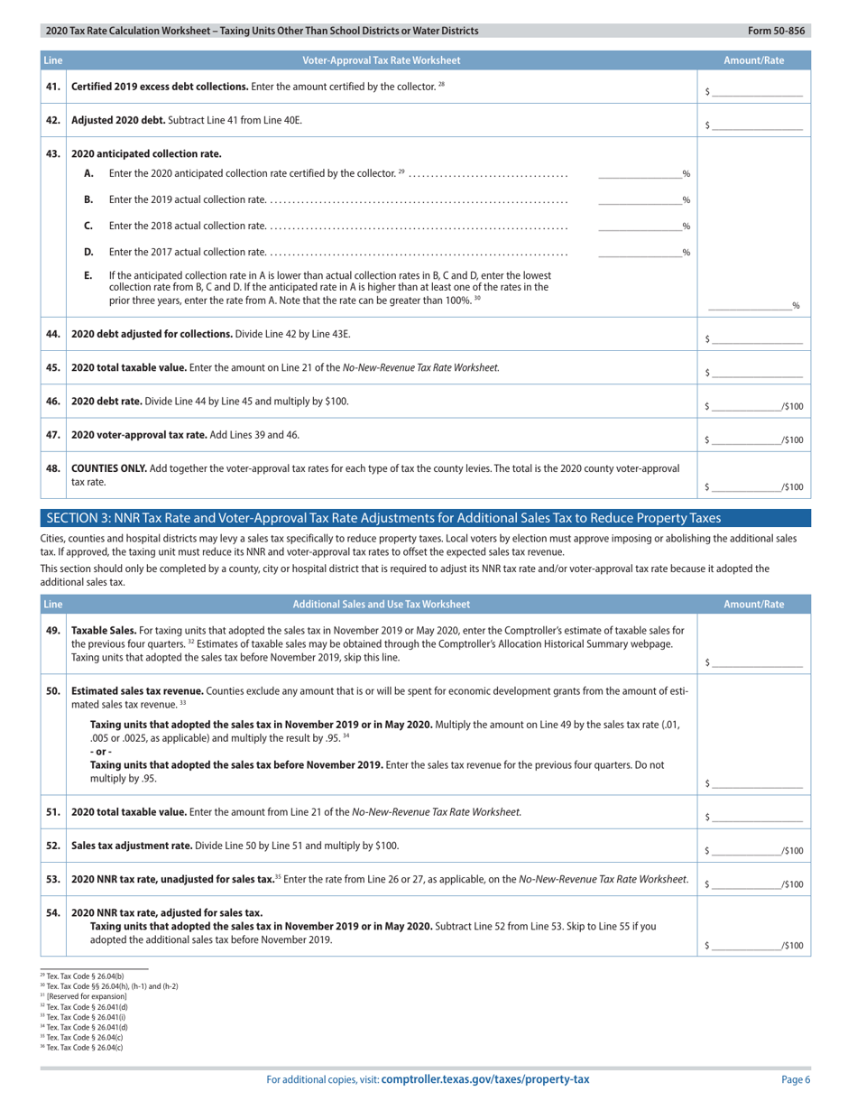 Form 50-856 Tax Rate Calculation Worksheet - Taxing Units Other Than School Districts or Water Districts - Texas, Page 6