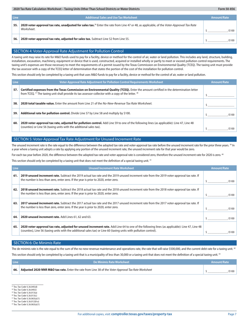 Form 50-856 Tax Rate Calculation Worksheet - Taxing Units Other Than School Districts or Water Districts - Texas, Page 7