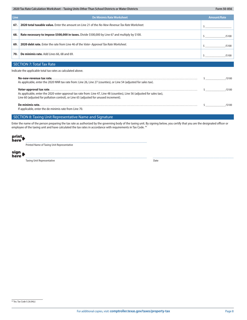 Form 50-856 Tax Rate Calculation Worksheet - Taxing Units Other Than School Districts or Water Districts - Texas, Page 8