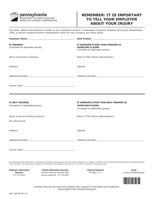 Form LIBC-500 Workers' Compensation Insurance Posting Notice - Pennsylvania
