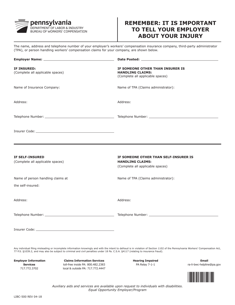 Form LIBC-500 Workers Compensation Insurance Posting Notice - Pennsylvania, Page 1