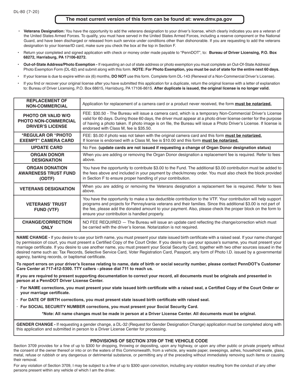 Form DL-80 Non-commercial Drivers License Application for Change / Correction / Replacement - Pennsylvania, Page 2