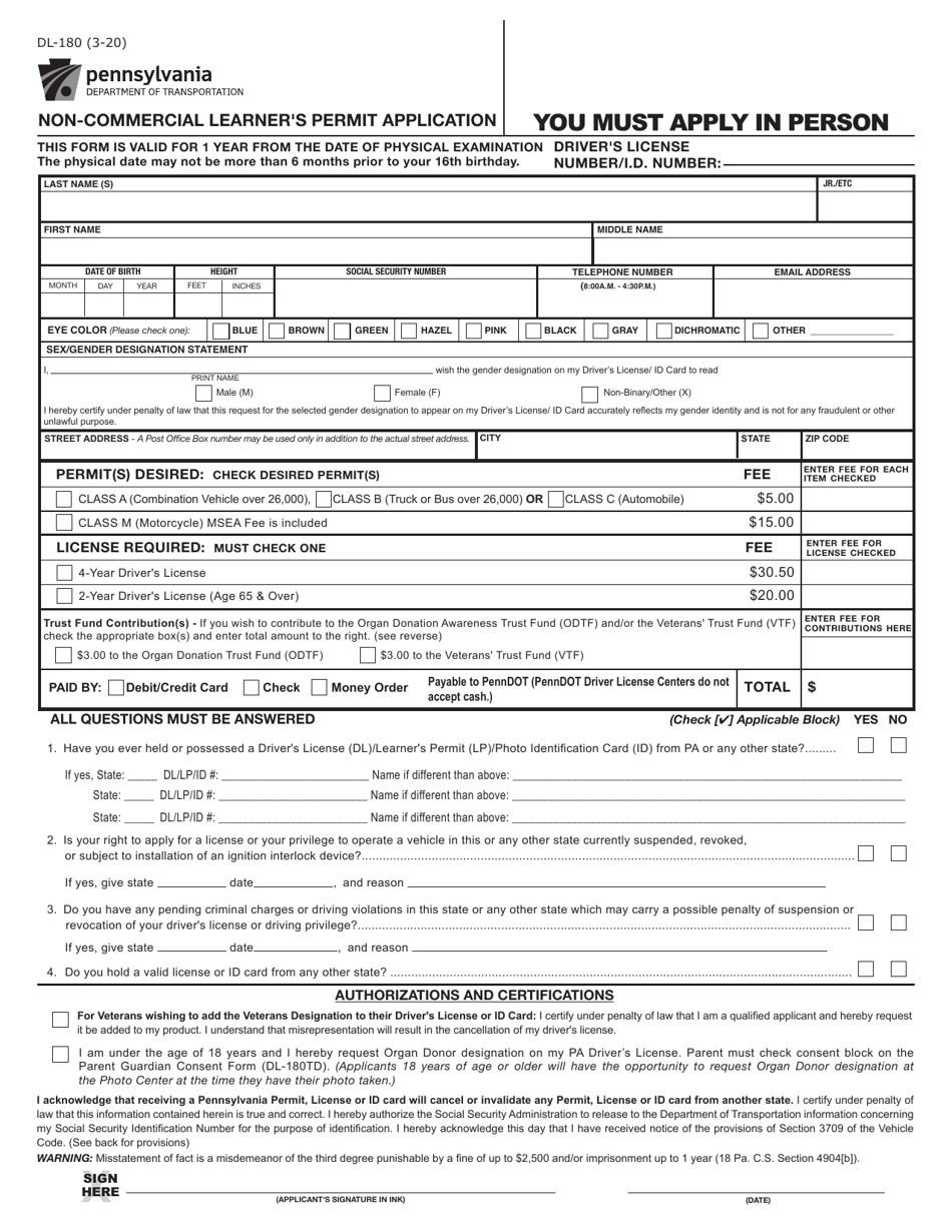 Form DL-180 Non-commercial Learners Permit Application - Pennsylvania, Page 1
