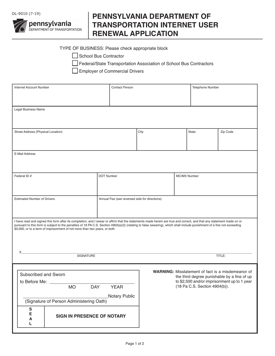 Form DL-9010 Pennsylvania Department of Transportation Internet User Renewal Application - Pennsylvania, Page 1