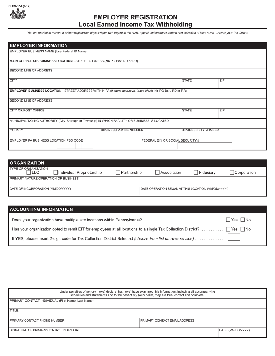Form CLGS-32-4 Employer Registration Local Earned Income Tax Withholding - Pennsylvania, Page 1