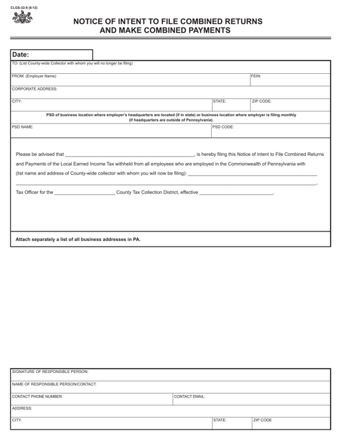Form CLGS-32-8 Notice of Intent to File Combined Returns and Make Combined Payments - Pennsylvania