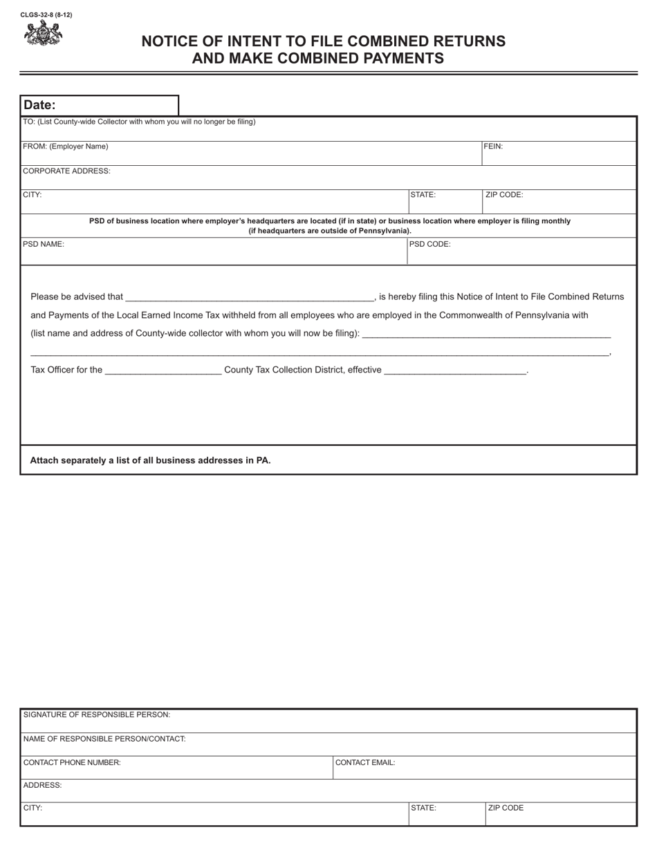 Form CLGS-32-8 Notice of Intent to File Combined Returns and Make Combined Payments - Pennsylvania, Page 1