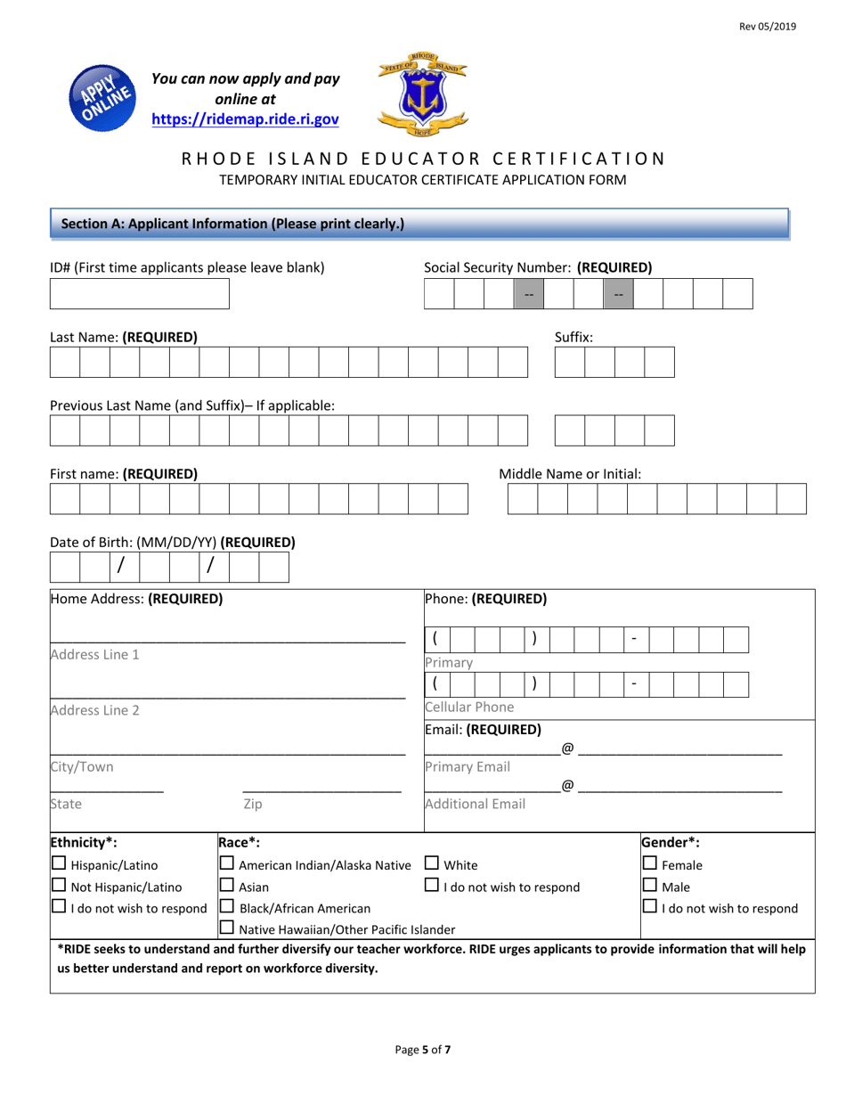 Temporary Initial Educator Certificate Application Form - Rhode Island, Page 5