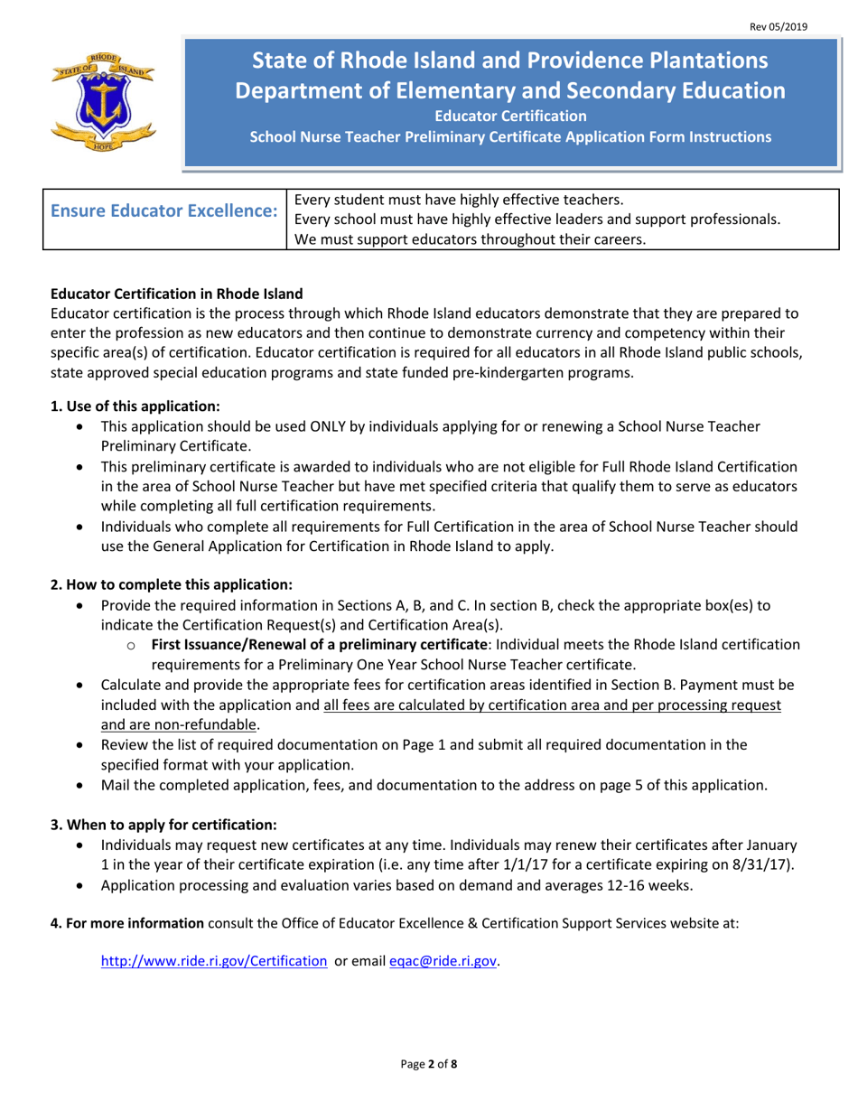 Rhode Island Educator Certification - School Nurse Teacher Preliminary Certificate Application Form - Rhode Island, Page 2