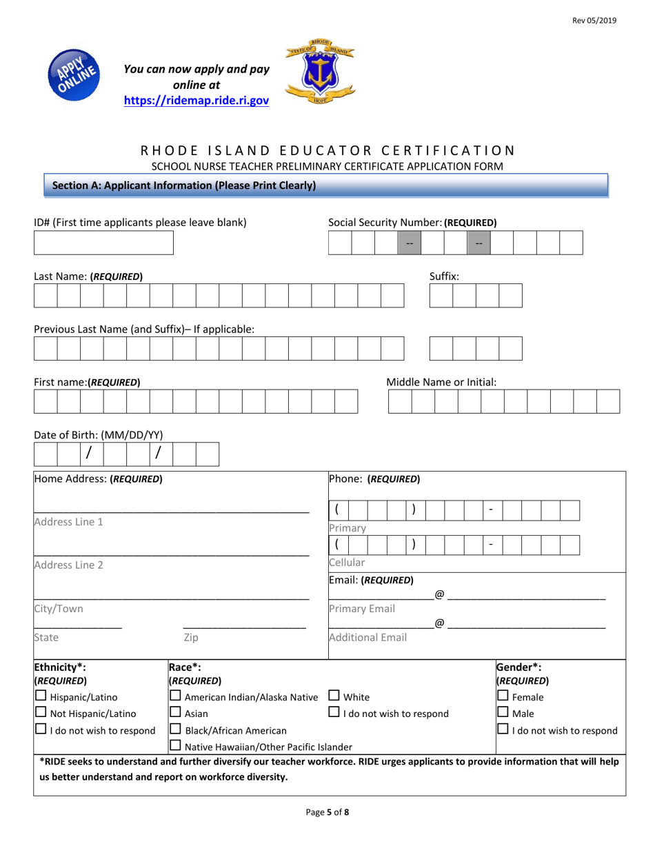 Rhode Island Educator Certification - School Nurse Teacher Preliminary Certificate Application Form - Rhode Island, Page 5