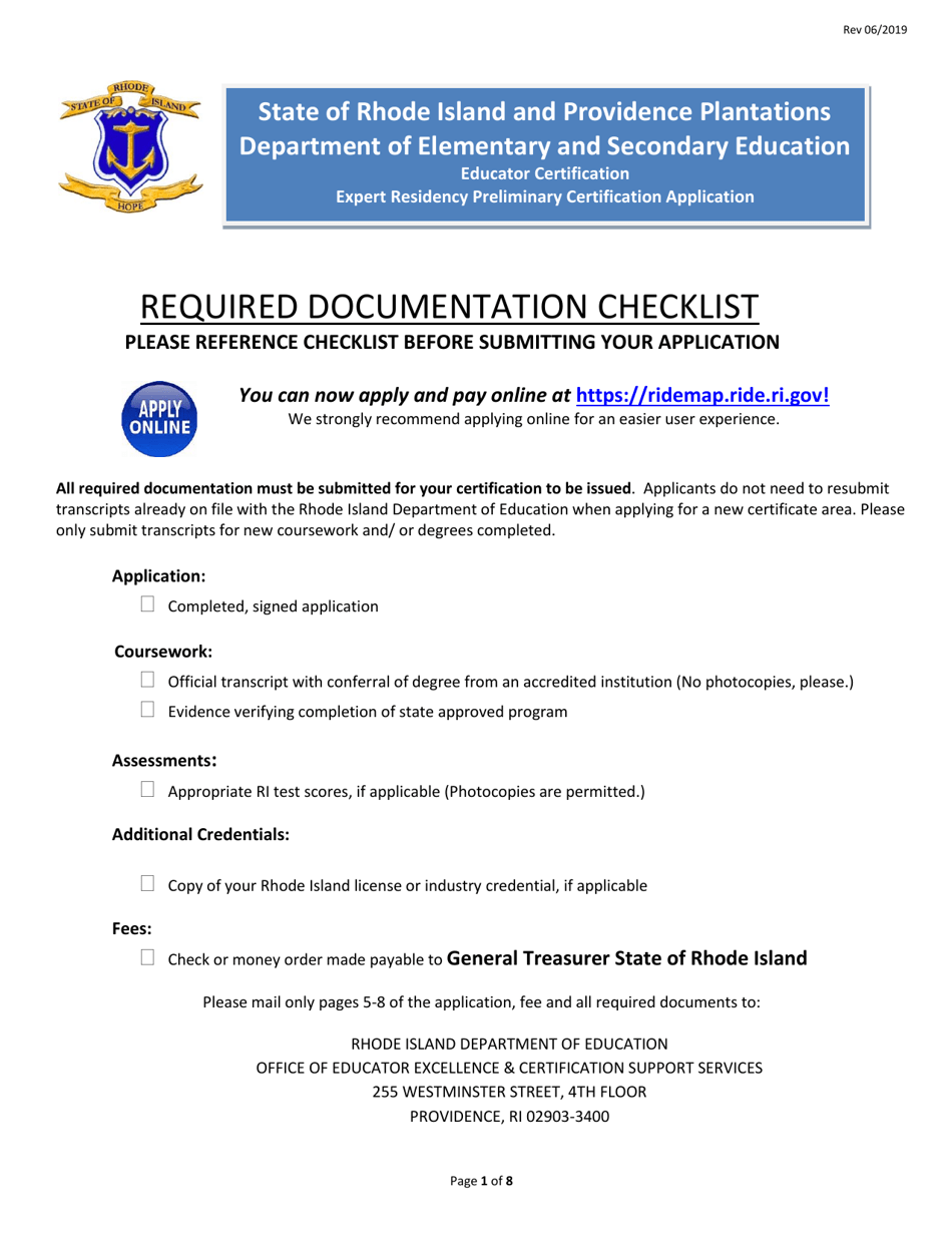 Rhode Island Educator Certification Expert Residency Preliminary Certification Application Form - Rhode Island, Page 1