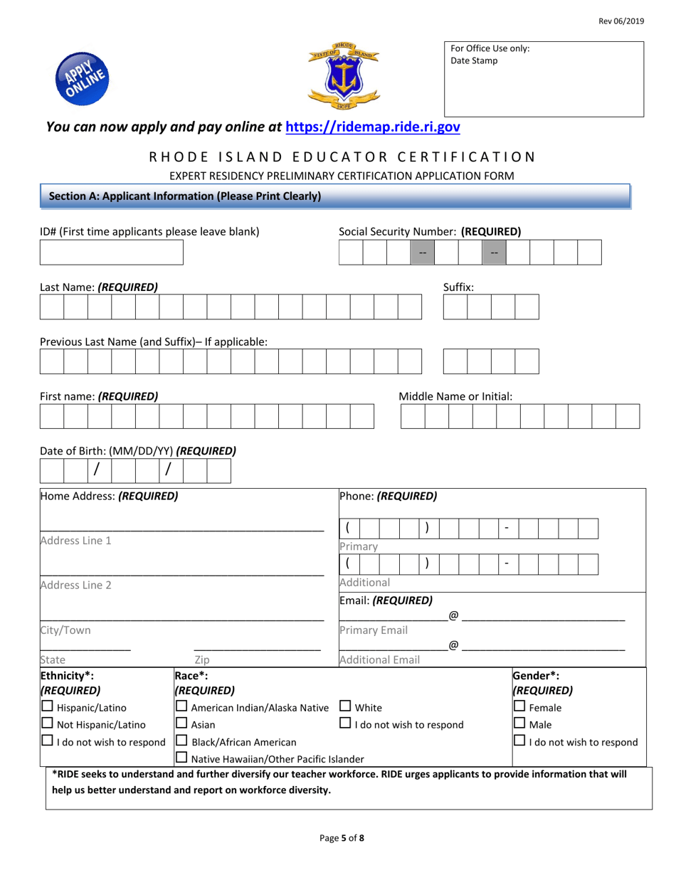 Rhode Island Educator Certification Expert Residency Preliminary Certification Application Form - Rhode Island, Page 5