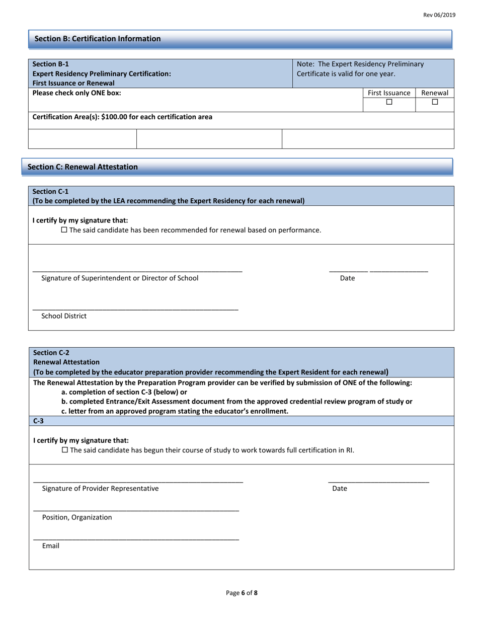 Rhode Island Educator Certification Expert Residency Preliminary Certification Application Form - Rhode Island, Page 6