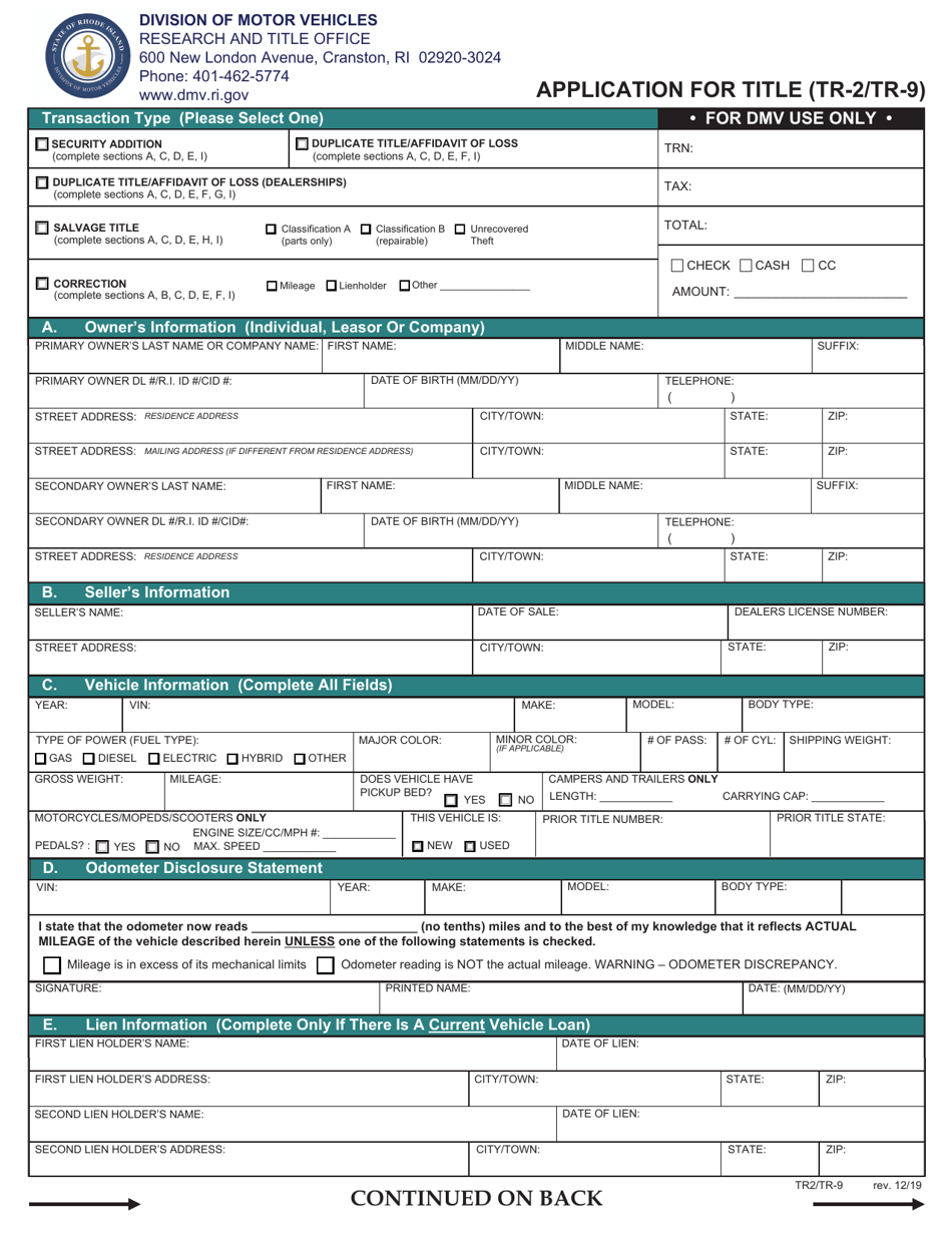 Form TR-2 (TR-9) Application for Title - Rhode Island, Page 1