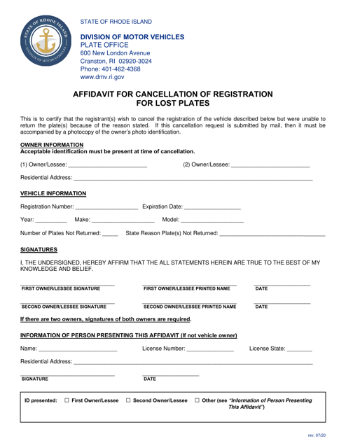 Affidavit for Cancellation of Registration for Lost Plates - Rhode Island Download Pdf