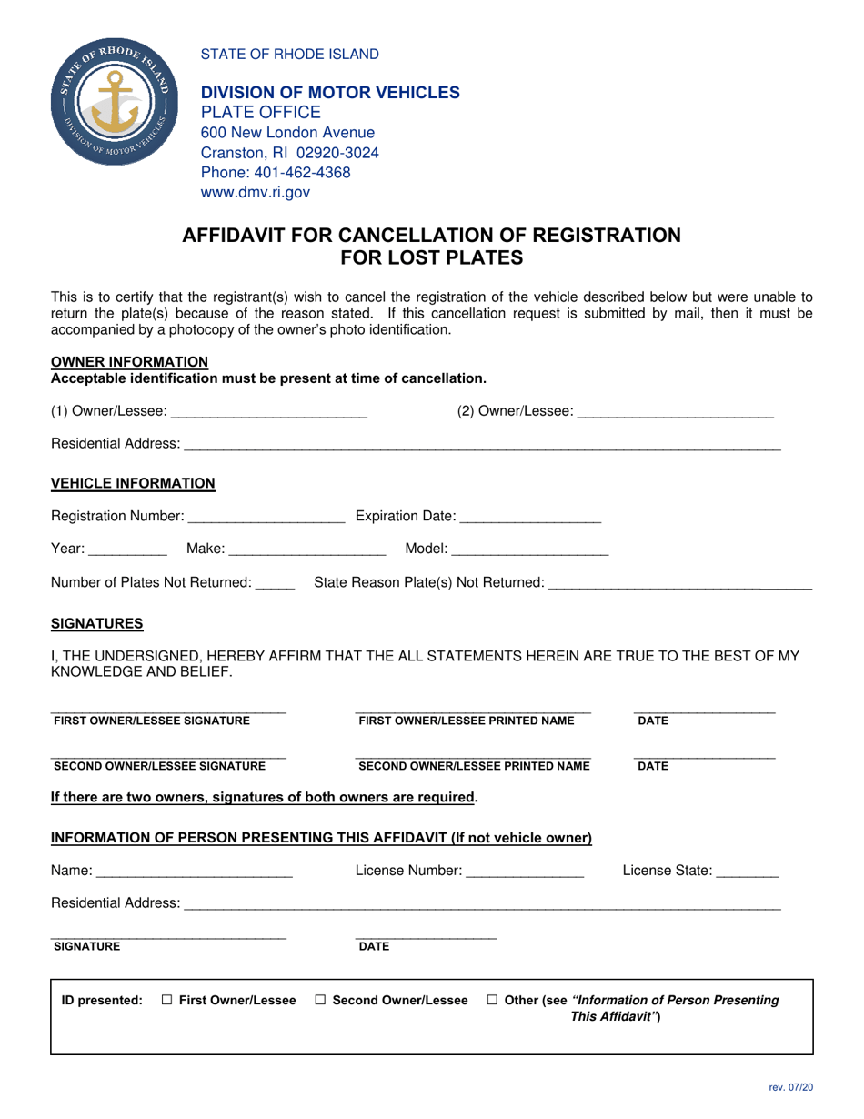 Affidavit for Cancellation of Registration for Lost Plates - Rhode Island, Page 1