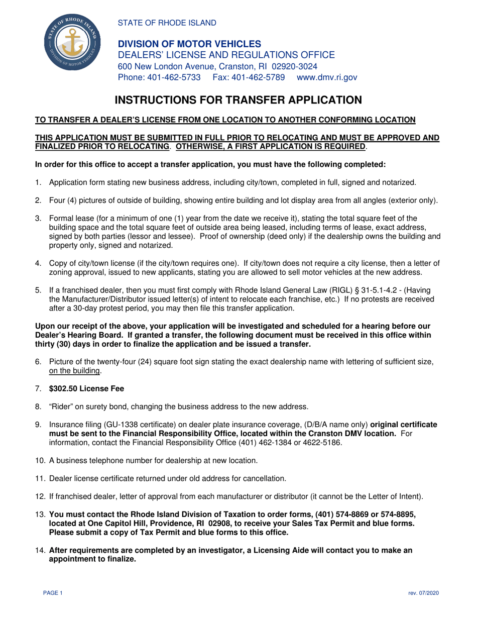 Transfer Application for Motor Vehicle Dealers License - Rhode Island, Page 1