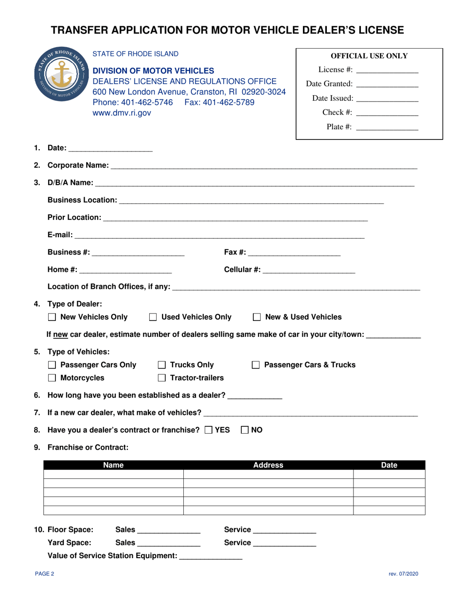 Transfer Application for Motor Vehicle Dealers License - Rhode Island, Page 2