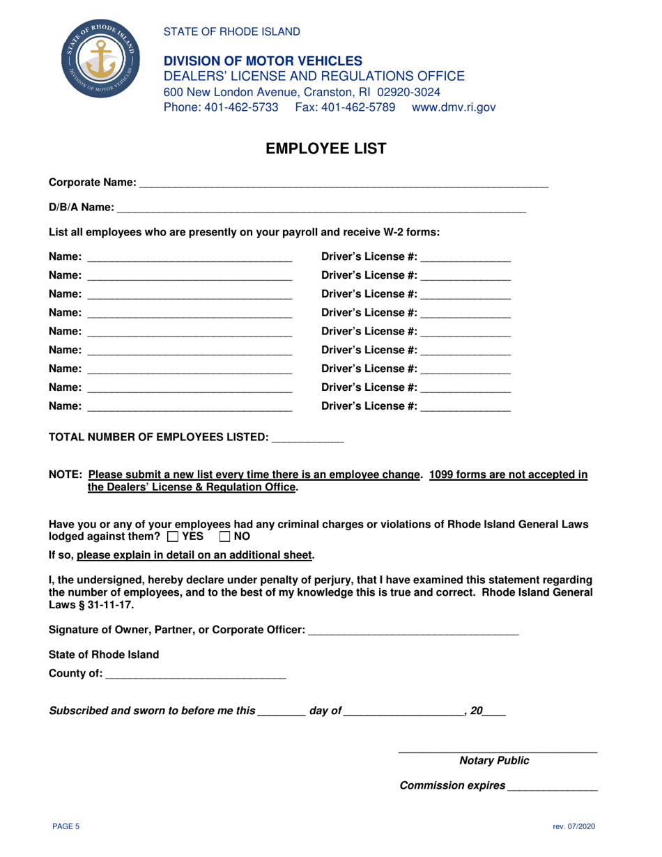 Rhode Island Transfer Application for Motor Vehicle Dealer's License