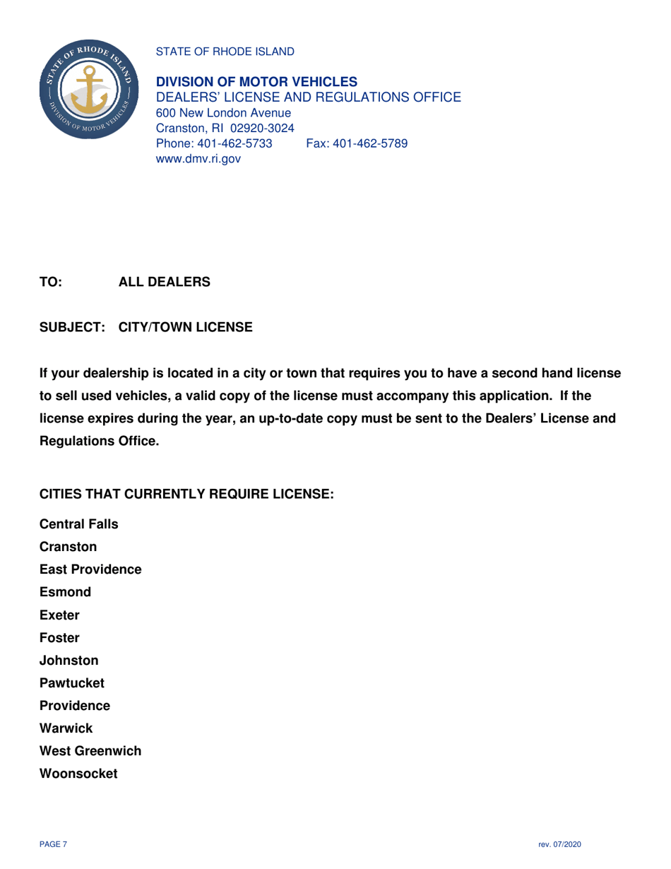 Transfer Application for Motor Vehicle Dealers License - Rhode Island, Page 7