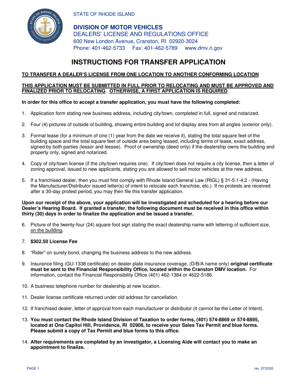 Rhode Island Transfer Application For Motor Vehicle Dealer S License Download Fillable Pdf Templateroller