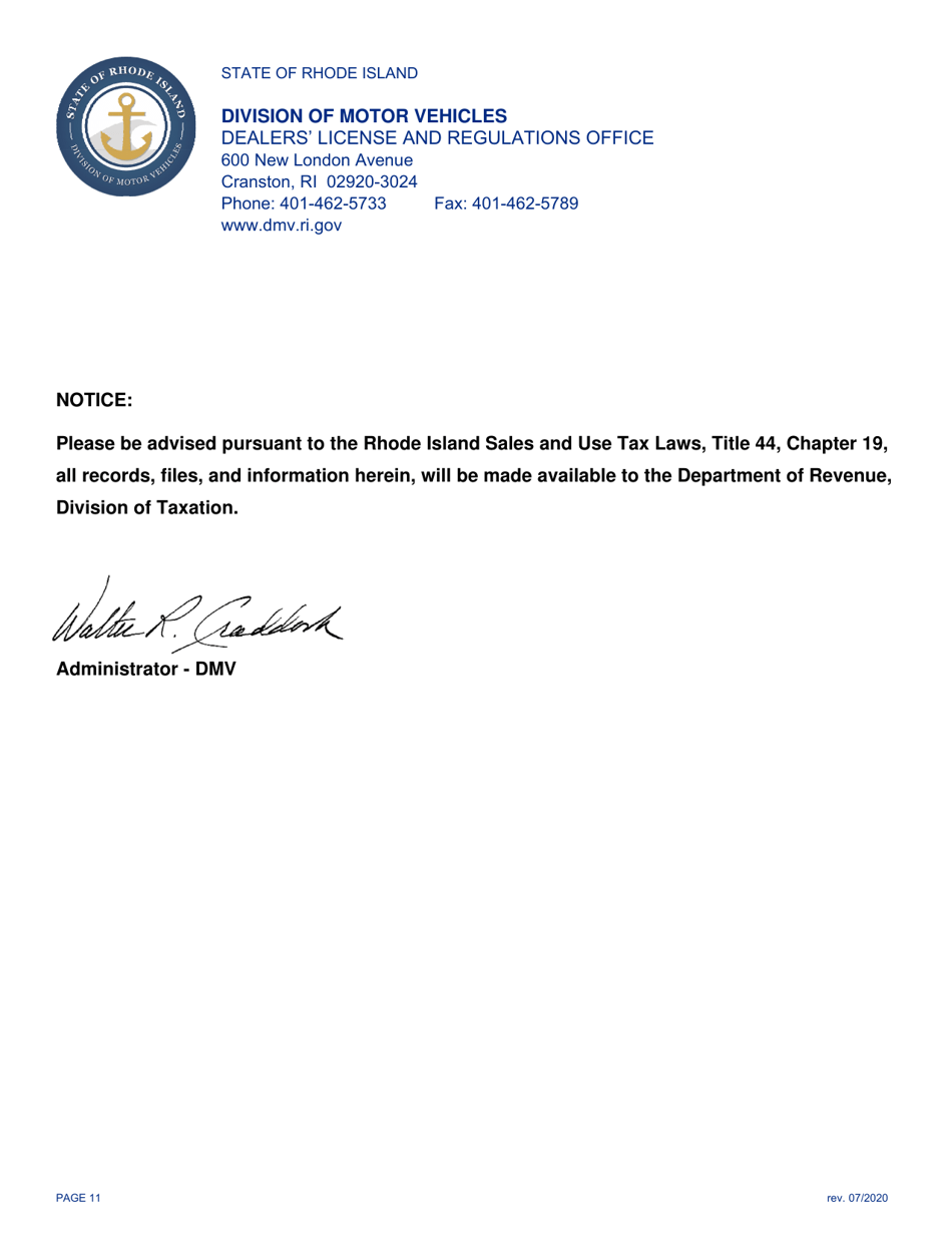 Rhode Island Application for Motor Vehicle Dealer's License Fill Out