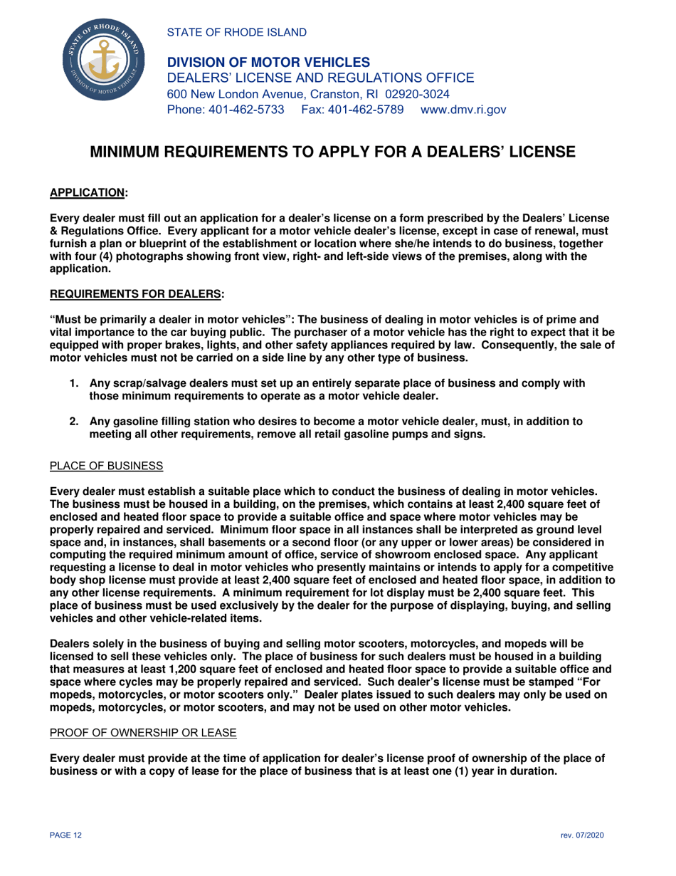 Rhode Island Application for Motor Vehicle Dealer's License Fill Out