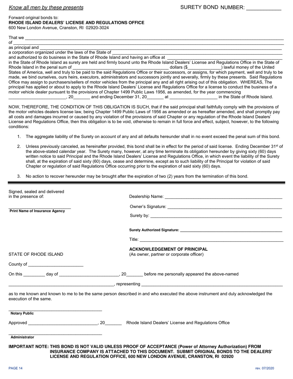 Rhode Island Application for Motor Vehicle Dealer's License Fill Out