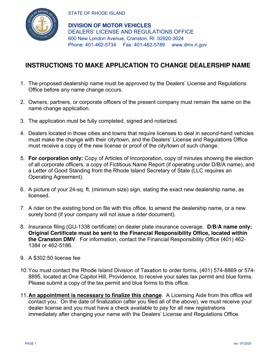 Application to Change Dealership Name - Rhode Island, Page 1