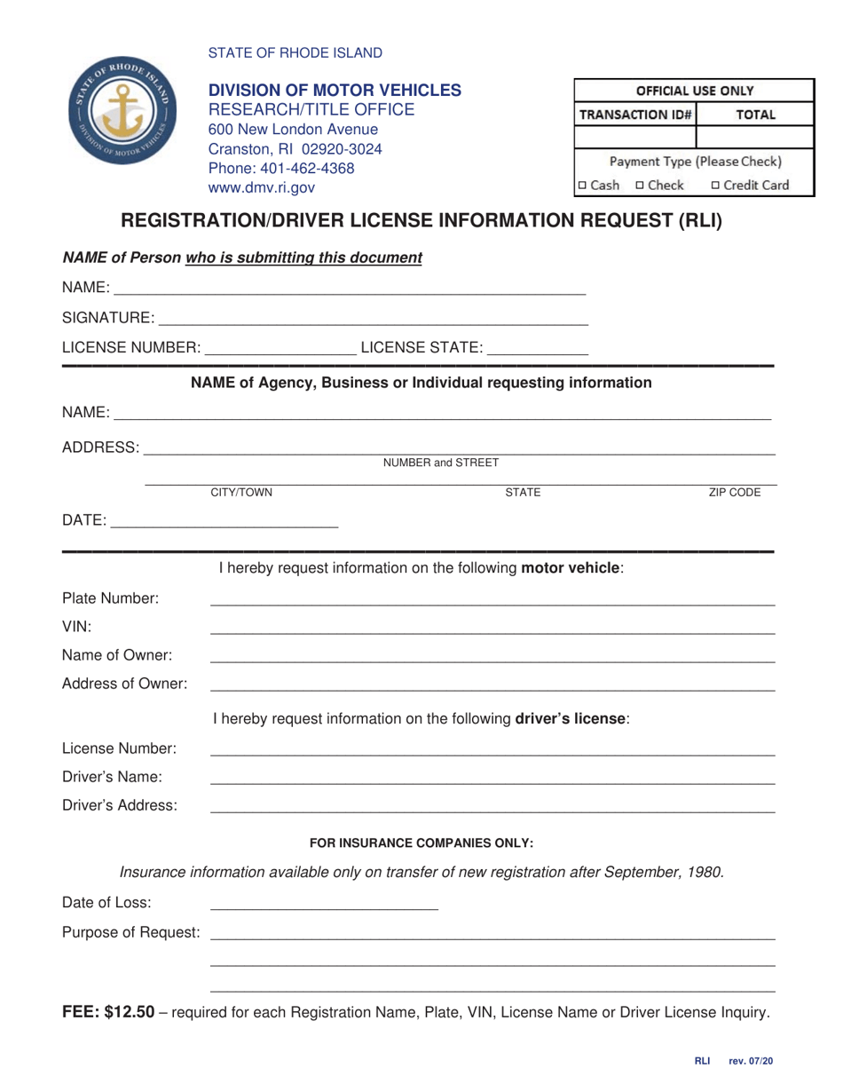 Registration / Driver License Information Request (Rli) - Rhode Island, Page 1