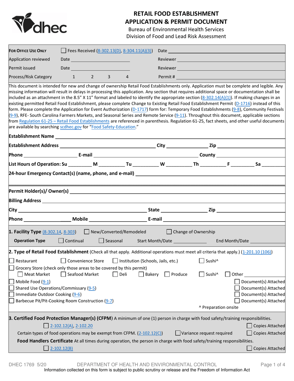 DHEC Form 1769 Retail Food Establishment Application  Permit Document - South Carolina, Page 1