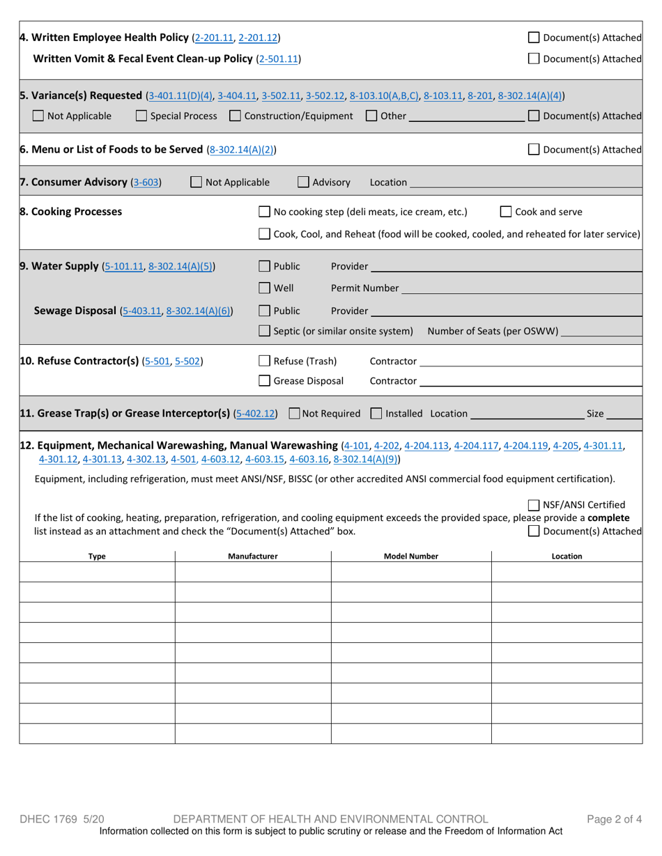 DHEC Form 1769 - Fill Out, Sign Online and Download Printable PDF ...