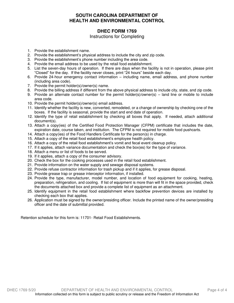 DHEC Form 1769 Retail Food Establishment Application  Permit Document - South Carolina, Page 4