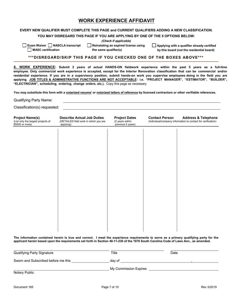 Form 165 General  Mechanical Contractors License - Initial Application - South Carolina, Page 7