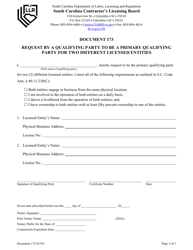 Document preview: Form 173 Request by a Qualifying Party to Be a Primary Qualifying Party for Two Different Licensed Entities - South Carolina