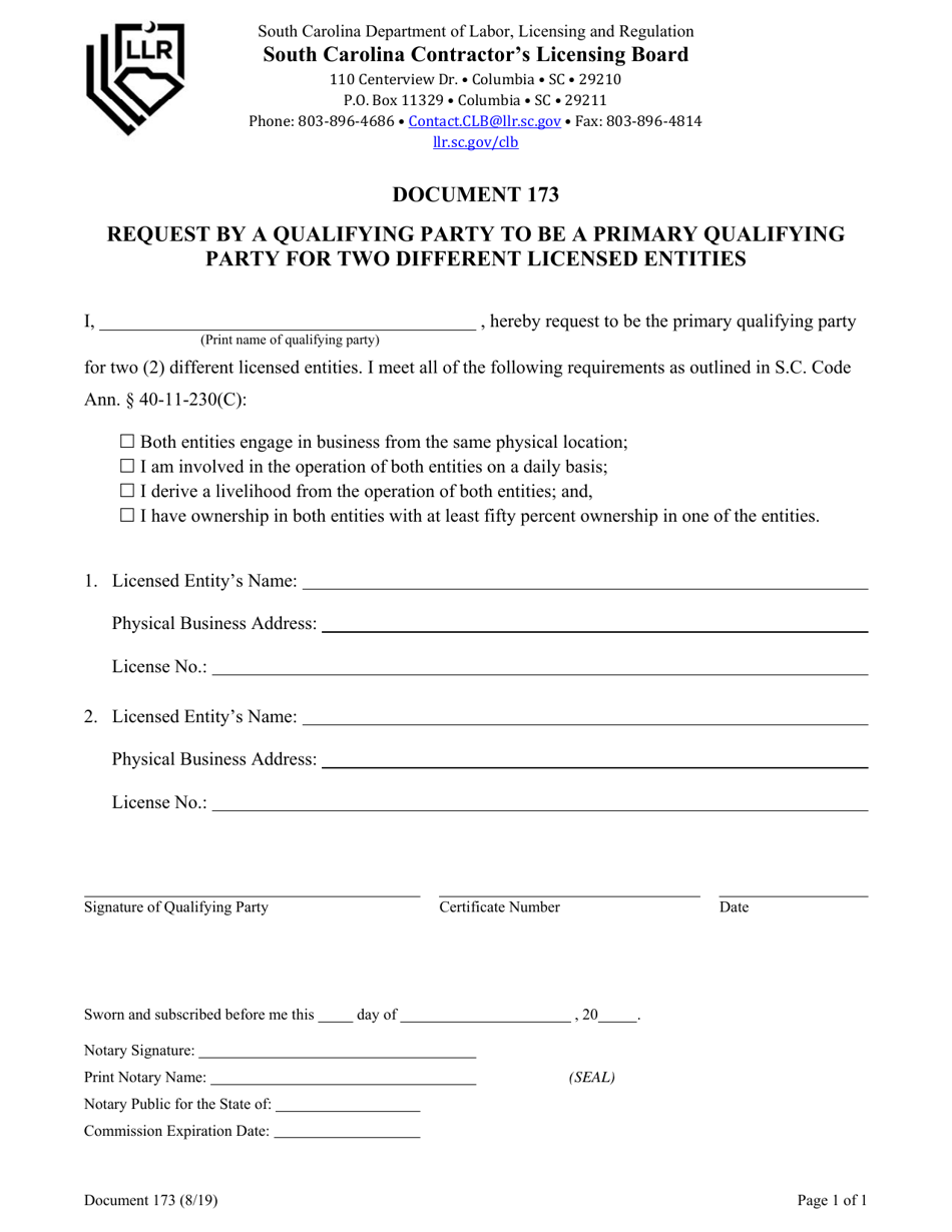 Form 173 Request by a Qualifying Party to Be a Primary Qualifying Party for Two Different Licensed Entities - South Carolina, Page 1