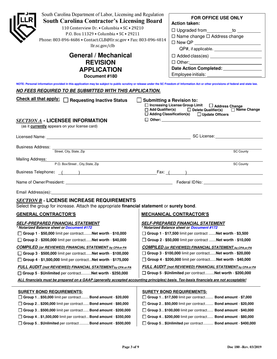 Form 180 General  Mechanical Contractors - Revision Application - South Carolina, Page 3