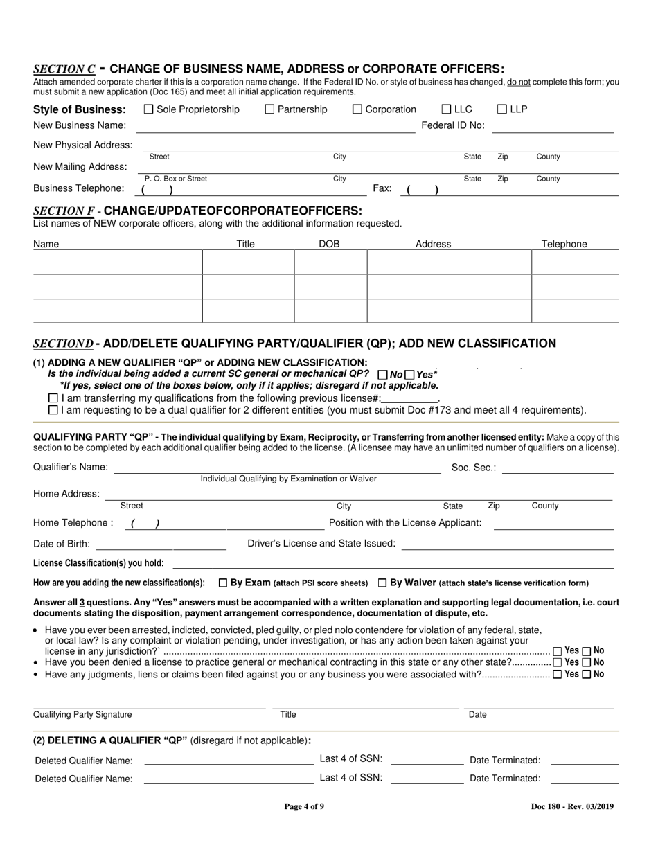 Form 180 General  Mechanical Contractors - Revision Application - South Carolina, Page 4