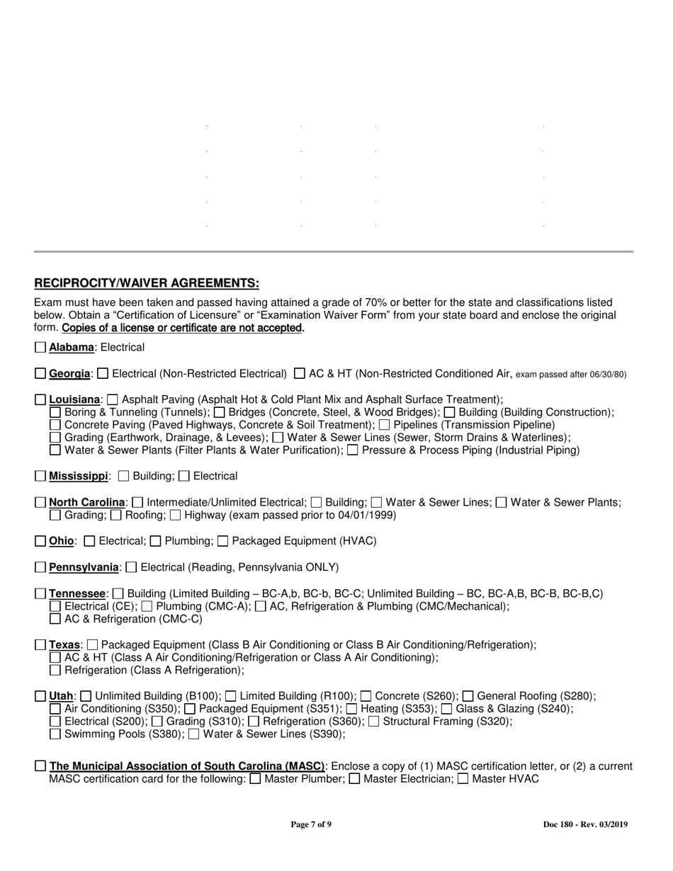 Form 180 General  Mechanical Contractors - Revision Application - South Carolina, Page 7