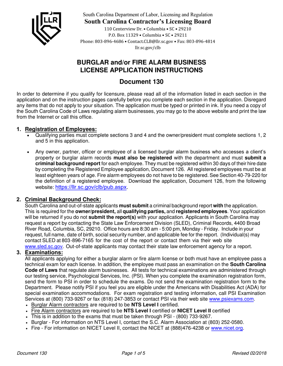 Form 130 Burglar and / or Fire Alarm Business License Application - South Carolina, Page 1