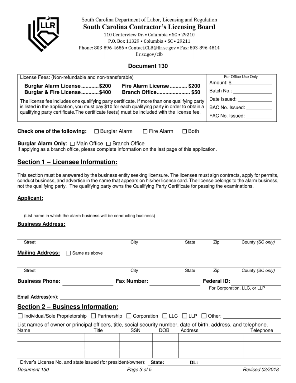 Form 130 Burglar and / or Fire Alarm Business License Application - South Carolina, Page 3