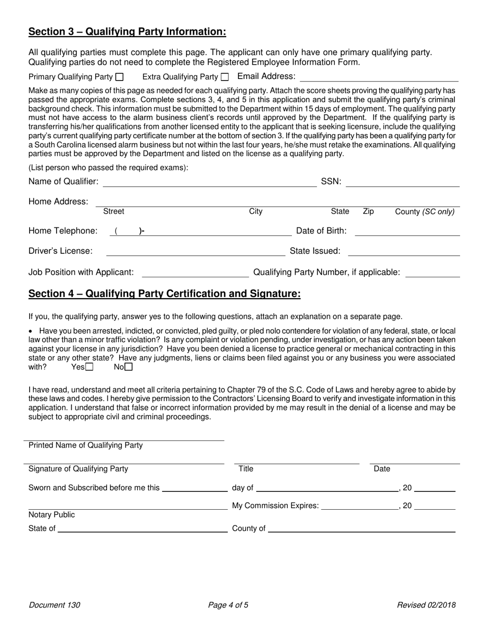 Form 130 Burglar and / or Fire Alarm Business License Application - South Carolina, Page 4